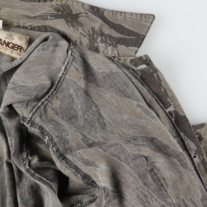 80'S Ranger Camouflage Pattern Tiger Stripe Camo Hunting Shirt Jacket, Made in USA, Men's XL (approx.), Vintage unclear gray type Vintage Second Hand