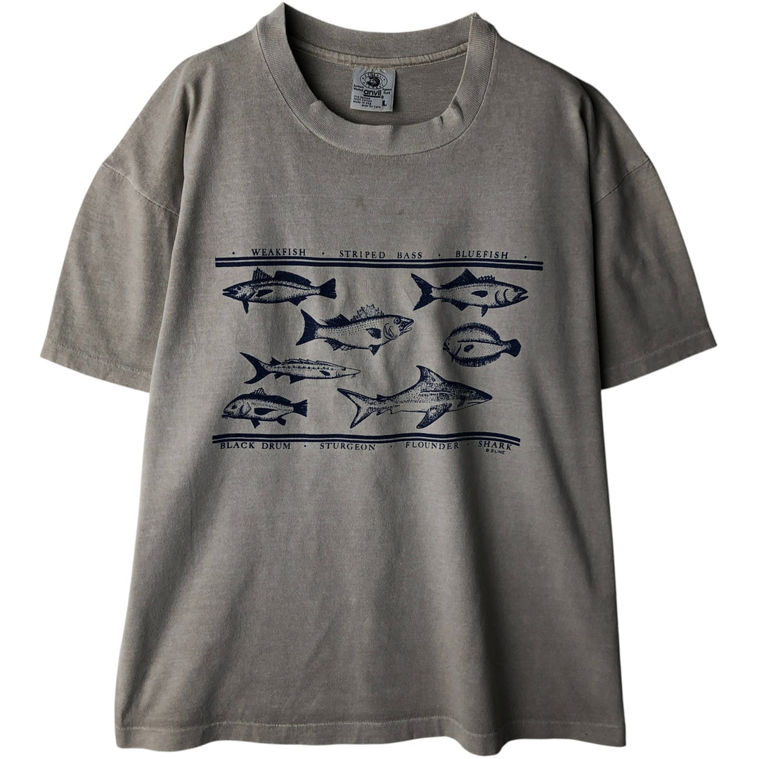 Vintage 90'S Anvil Fish Print Animal T-Shirt, Made in USA, Men's Size Large cotton Beige type Vintage Second Hand