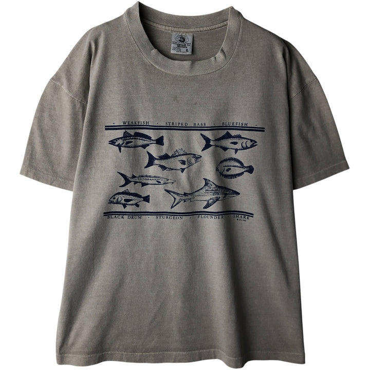 Vintage 90'S Anvil Fish Print Animal T-Shirt, Made in USA, Men's Size Large cotton Beige type Vintage Second Hand