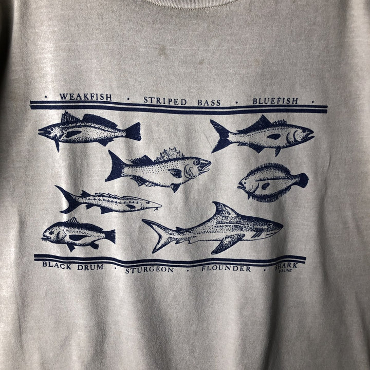Vintage 90'S Anvil Fish Print Animal T-Shirt, Made in USA, Men's Size Large cotton Beige type Vintage Second Hand