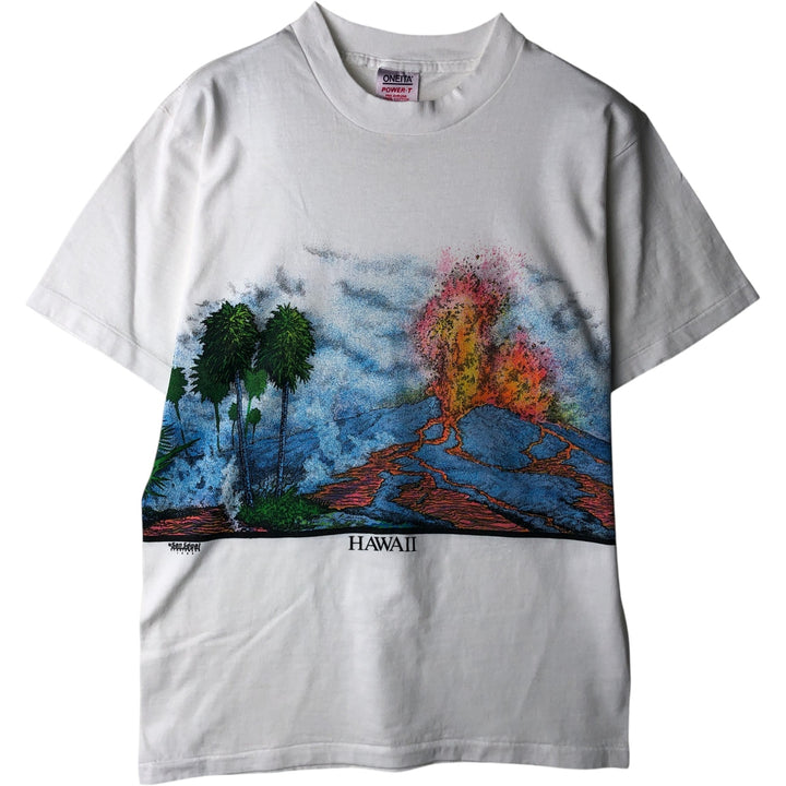 80'S Oneita Power-T San Segal Hawaii Large Print T-Shirt Made in USA Men's Size L cotton white type Vintage Second Hand