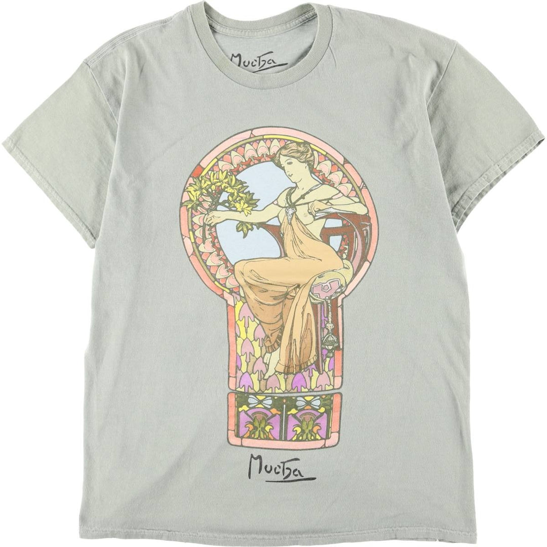 2000'S Alphonse Mucha Art T-shirt, Men's Size L (approx.) cotton Mint green Vintage Second Hand