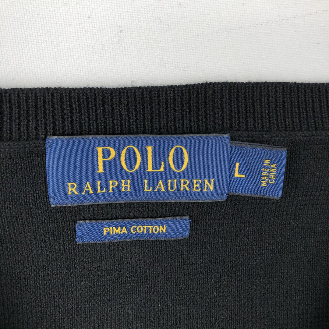 Ralph Lauren POLO RALPH LAUREN V-neck Pima cotton knit sweater, men's size L Pima Cotton black type Vintage Second Hand
