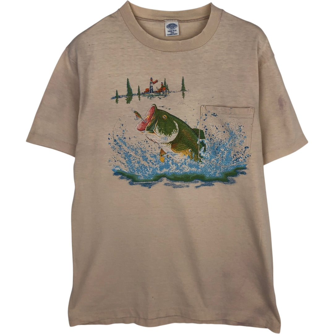Town Craft Fish Print Animal T-Shirt, Made in USA, Men's Size L cotton unbleached Vintage Second Hand