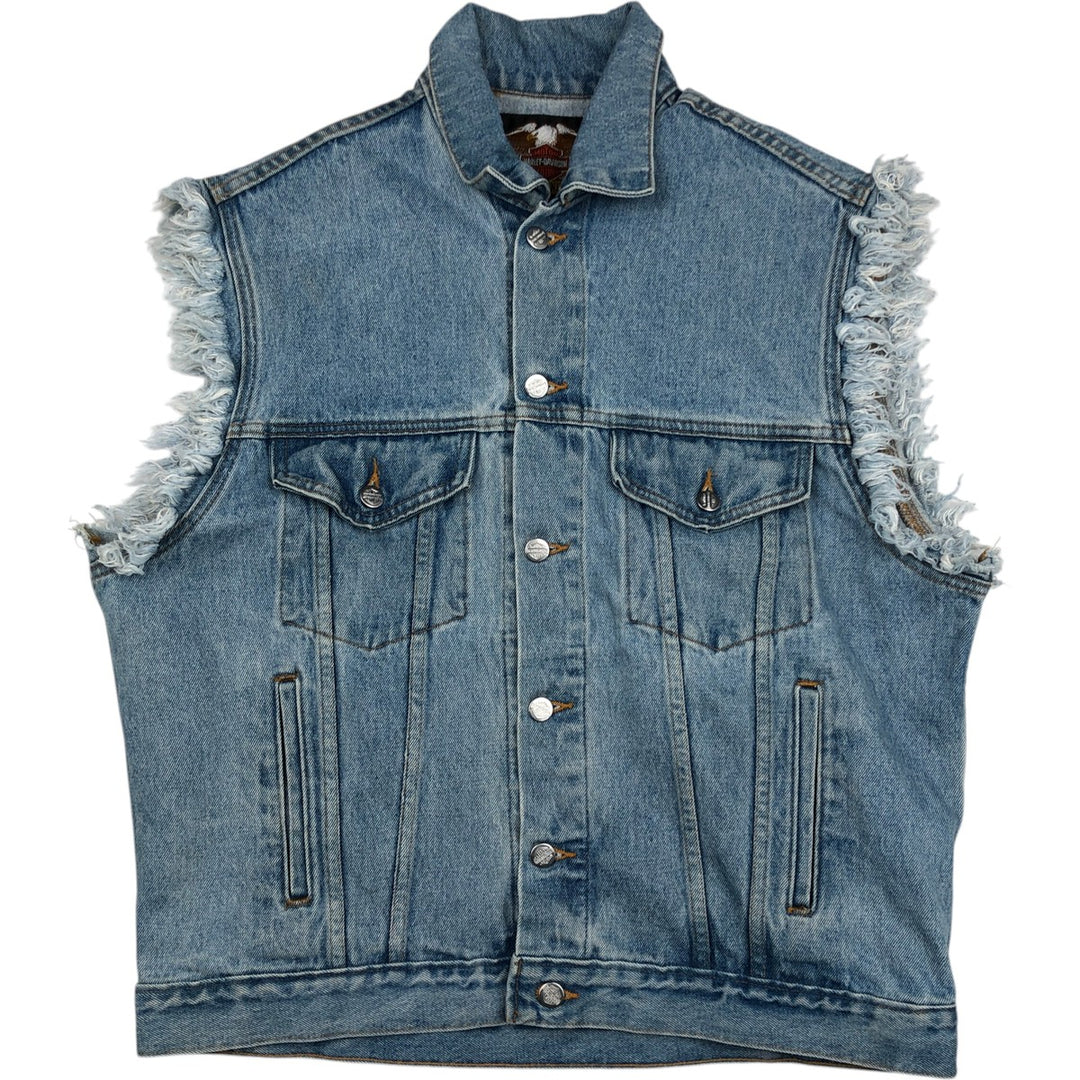 Harley-Davidson Stars and Stripes Cut-Off Denim Vest, Made in USA, Men's Size Small cotton blue type Vintage Second Hand