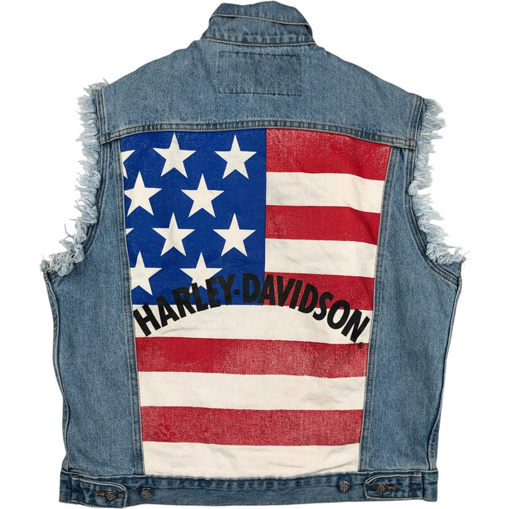 Harley-Davidson Stars and Stripes Cut-Off Denim Vest, Made in USA, Men's Size Small cotton blue type Vintage Second Hand