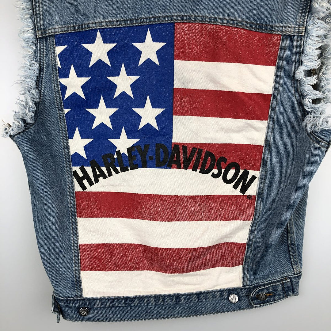 Harley-Davidson Stars and Stripes Cut-Off Denim Vest, Made in USA, Men's Size Small cotton blue type Vintage Second Hand