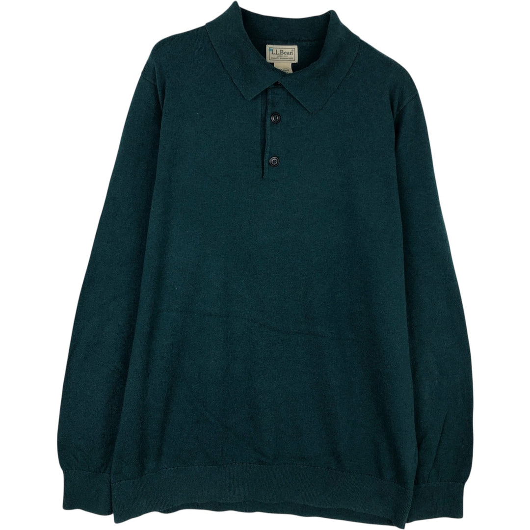 LLBean polo knit sweater, men's size L cotton green type Vintage Second Hand
