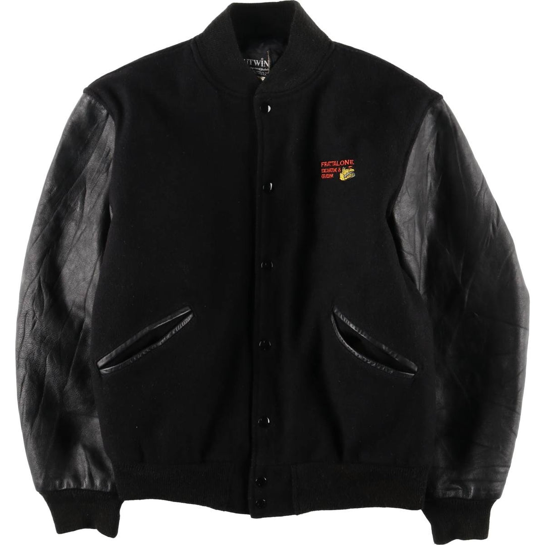 Vintage 1980'S Batwin Varsity Jacket with Padded Leather Sleeves and Wool Buttons, Made in USA, Men's Size Medium Recycled wool black type Vintage Second Hand