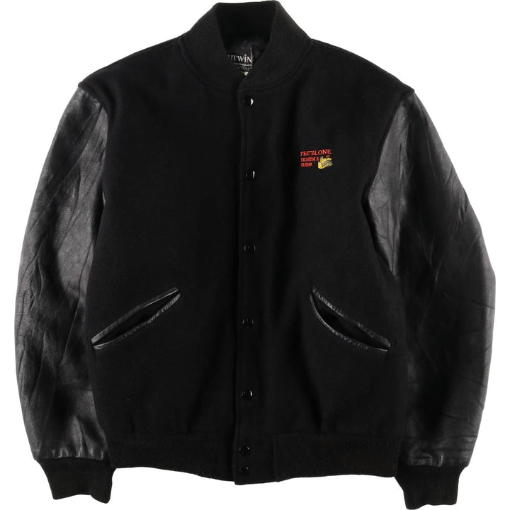 Vintage 1980'S Batwin Varsity Jacket with Padded Leather Sleeves and Wool Buttons, Made in USA, Men's Size Medium Recycled wool black type Vintage Second Hand