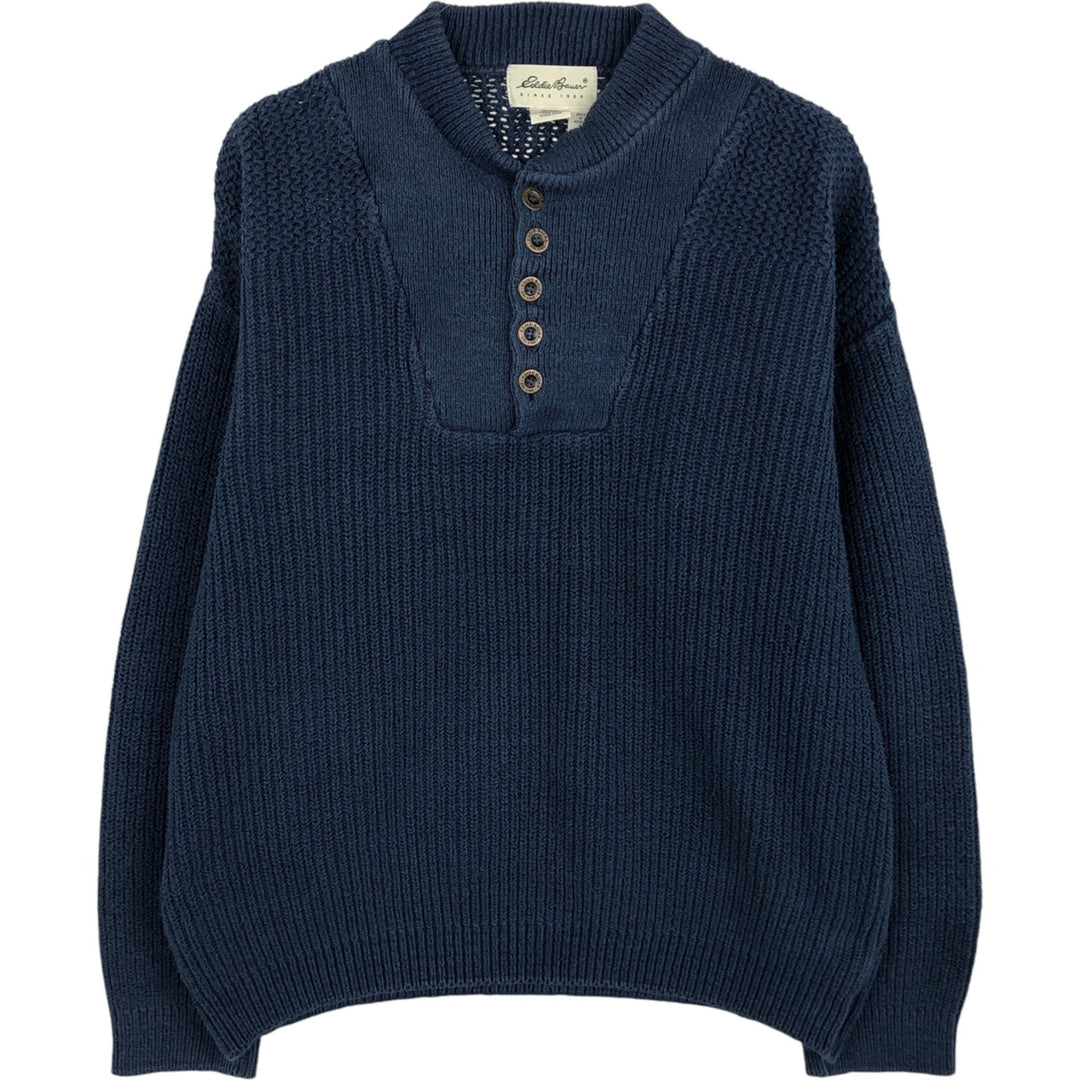 2000'S Eddie Bauer Henley neck ribbed cotton knit sweater, Made in USA, Men's size M cotton navy blue type Vintage Second Hand