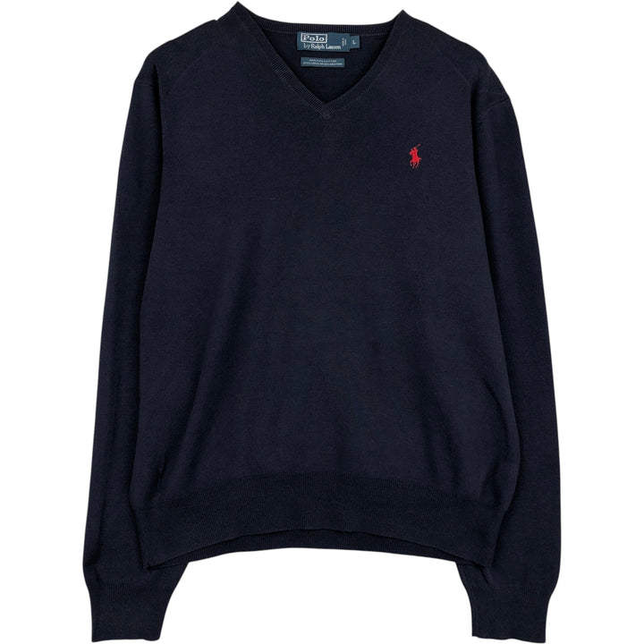 Ralph Lauren POLO by Ralph Lauren V-neck Pima cotton knit sweater, men's size L Pima Cotton navy blue type Vintage Second Hand