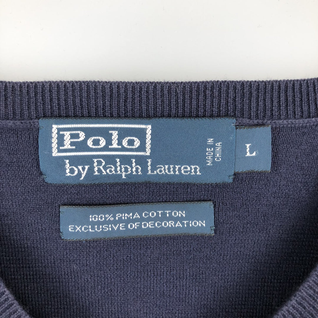 Ralph Lauren POLO by Ralph Lauren V-neck Pima cotton knit sweater, men's size L Pima Cotton navy blue type Vintage Second Hand