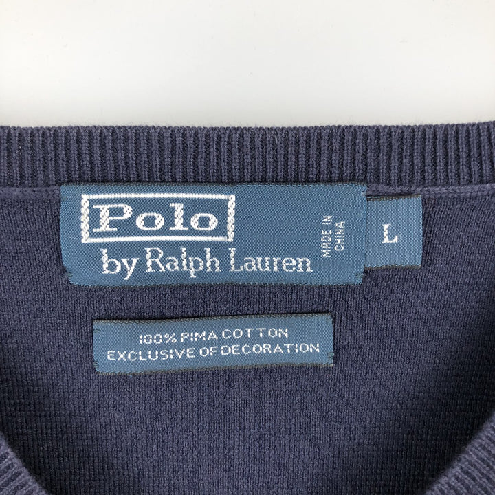 Ralph Lauren POLO by Ralph Lauren V-neck Pima cotton knit sweater, men's size L Pima Cotton navy blue type Vintage Second Hand