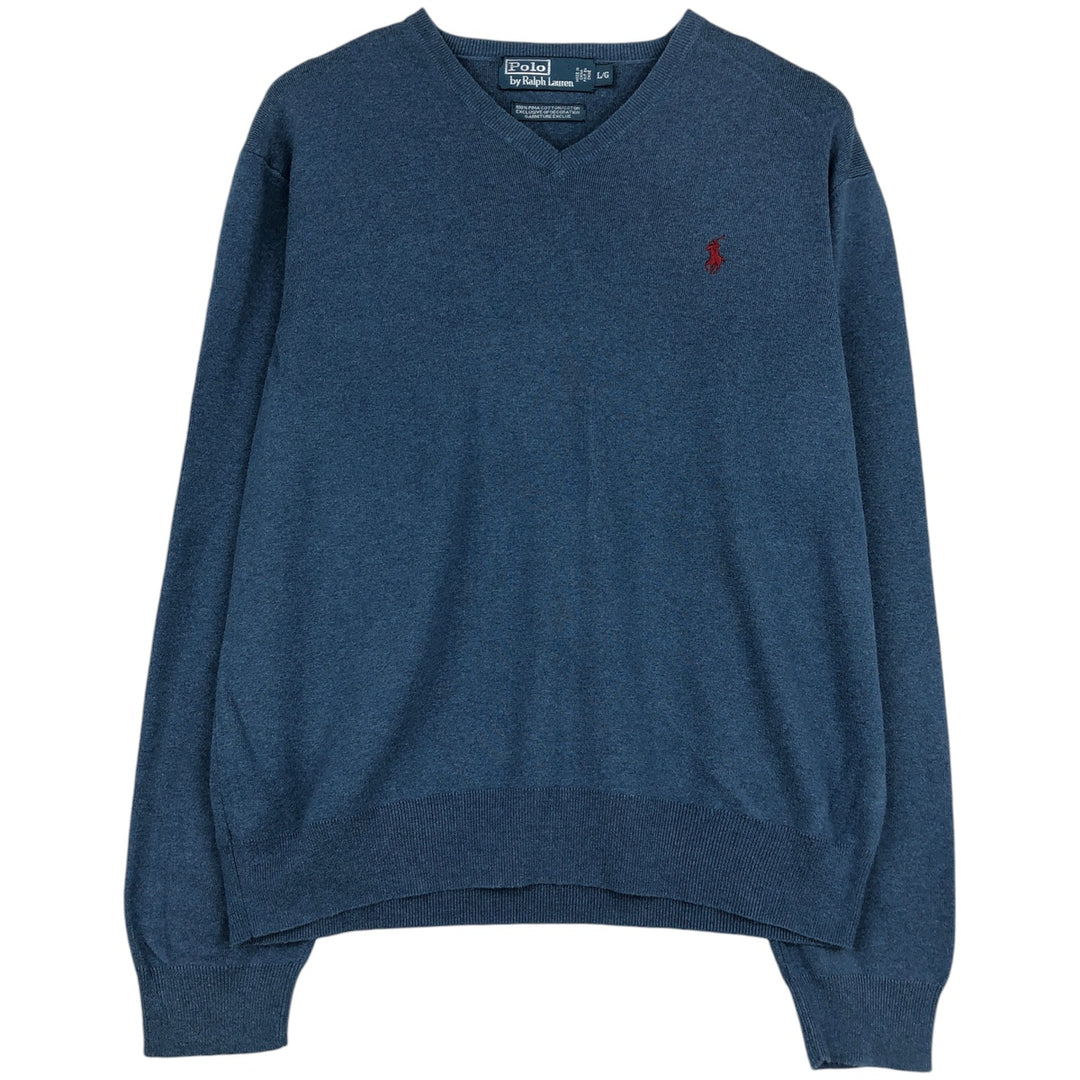 Ralph Lauren POLO by Ralph Lauren V-neck Pima cotton knit sweater, men's size L Pima Cotton Blue type light blue Vintage Second Hand