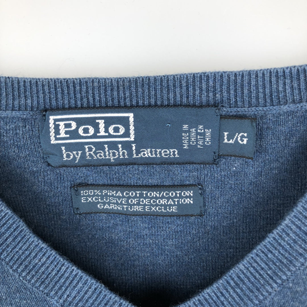 Ralph Lauren POLO by Ralph Lauren V-neck Pima cotton knit sweater, men's size L Pima Cotton Blue type light blue Vintage Second Hand