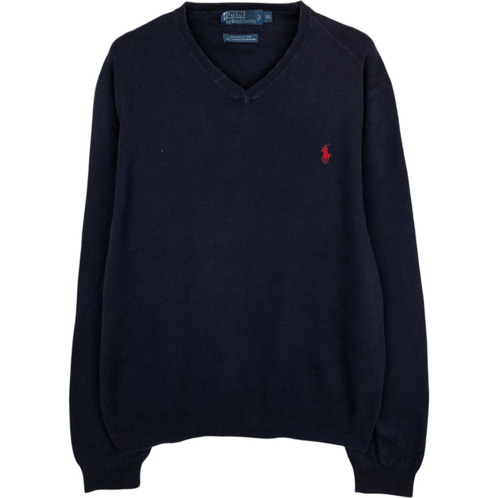 Ralph Lauren POLO by Ralph Lauren V-neck Pima cotton knit sweater, men's size XL Pima Cotton navy blue type Vintage Second Hand