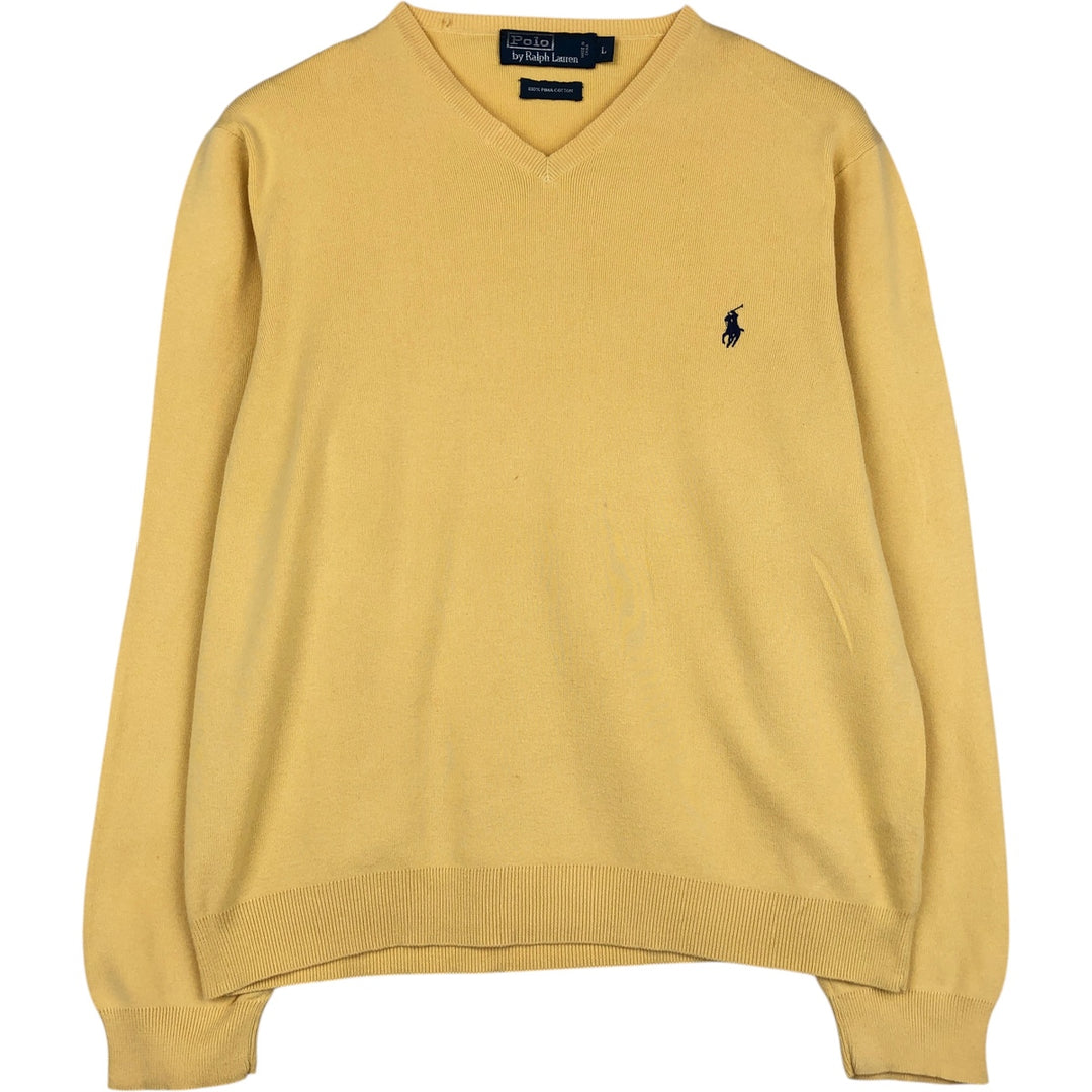 Ralph Lauren POLO by Ralph Lauren V-neck Pima cotton knit sweater, men's size L Pima Cotton yellow type Vintage Second Hand