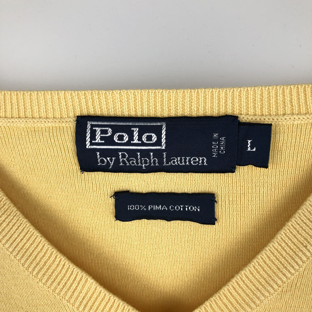 Ralph Lauren POLO by Ralph Lauren V-neck Pima cotton knit sweater, men's size L Pima Cotton yellow type Vintage Second Hand