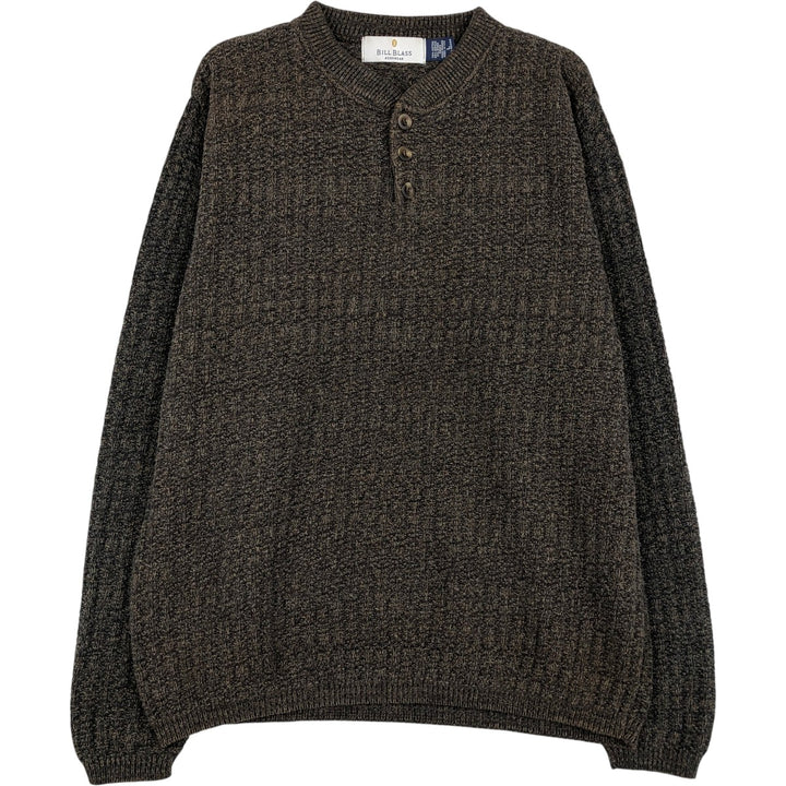 BILL BLASS Solid Henley Neck Cotton Knit Half-Button Sweater, Made in USA, Men's Size L cotton brown type Vintage Second Hand