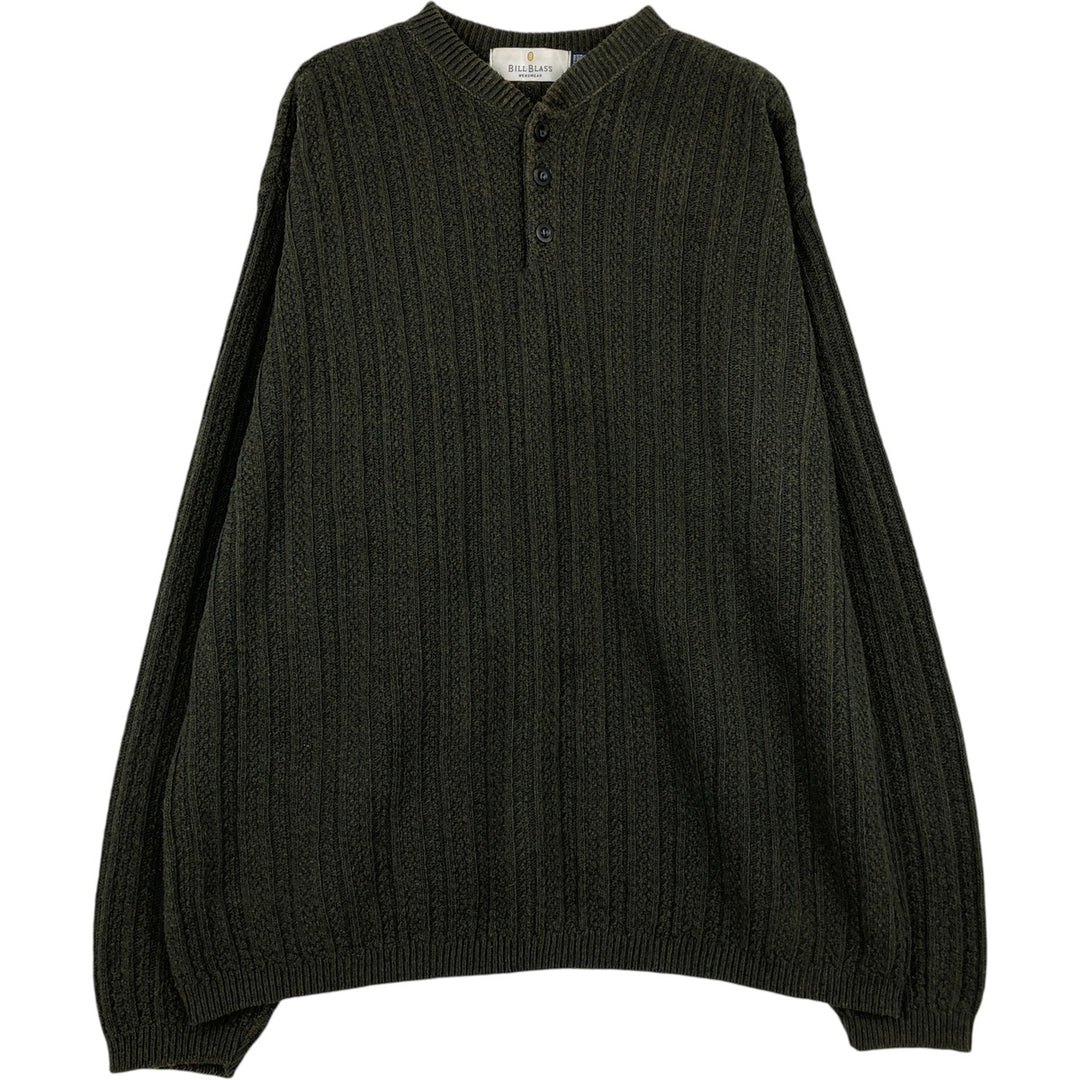 BILL BLASS Henley Neck Cotton Knit Half-Button Sweater, Made in USA, Men's XXL cotton Green type dark green Vintage Second Hand