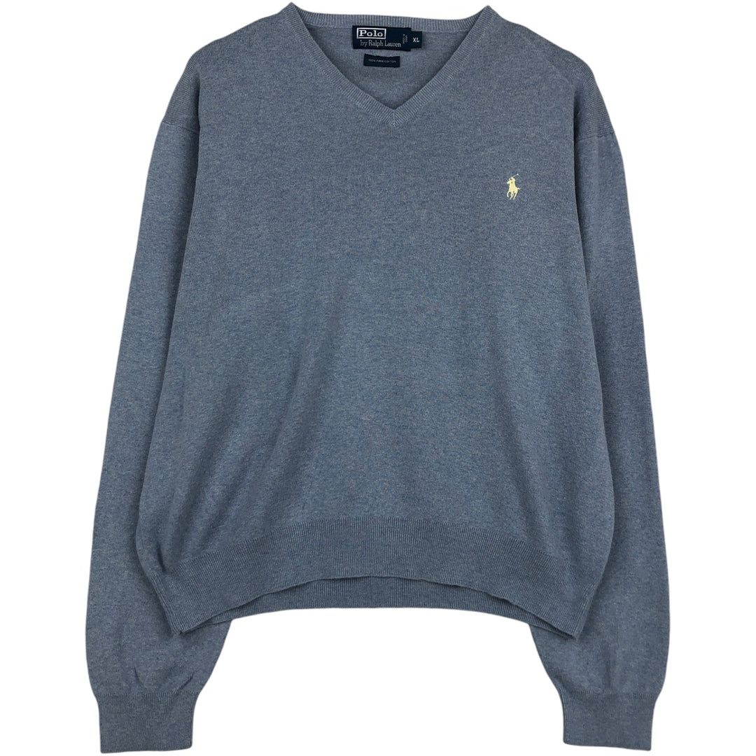 Ralph Lauren POLO by Ralph Lauren V-neck cotton knit sweater, men's XL size Pima Cotton Blue type light blue Vintage Second Hand