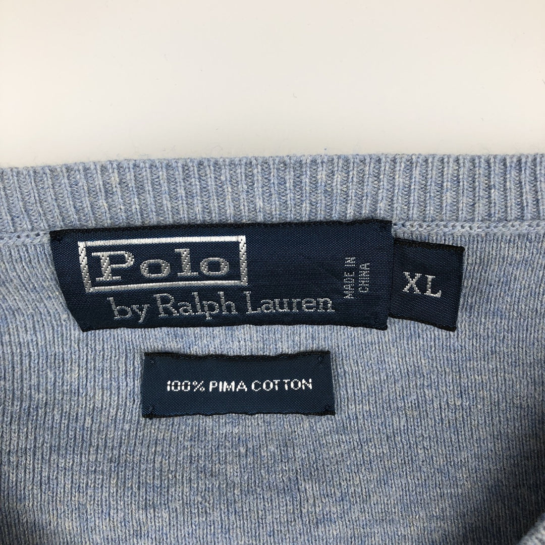 Ralph Lauren POLO by Ralph Lauren V-neck cotton knit sweater, men's XL size Pima Cotton Blue type light blue Vintage Second Hand