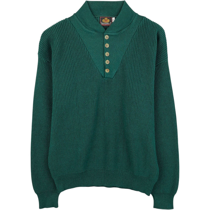 Vintage SEDGEFIELD Henley-neck cotton knit half-button sweater, made in the USA, size L, men's size L cotton green type Vintage Second Hand