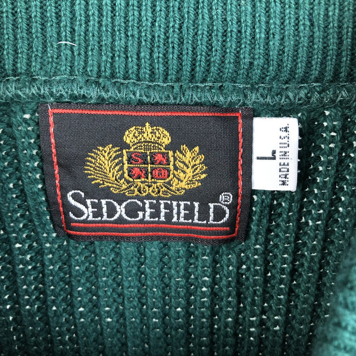 Vintage SEDGEFIELD Henley-neck cotton knit half-button sweater, made in the USA, size L, men's size L cotton green type Vintage Second Hand