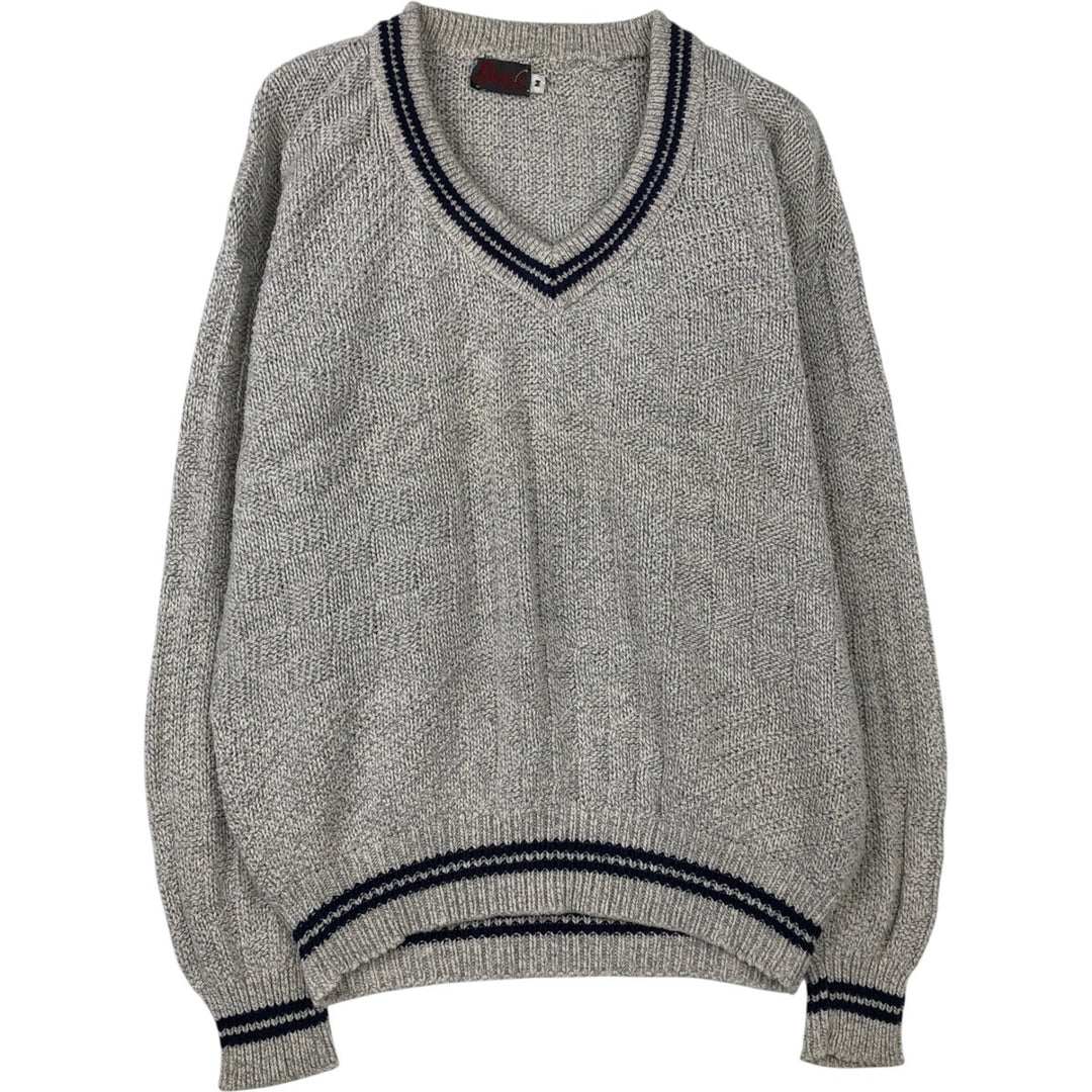 Bass striped V-neck cotton knit sweater, made in the USA, size M cotton gray type Vintage Second Hand