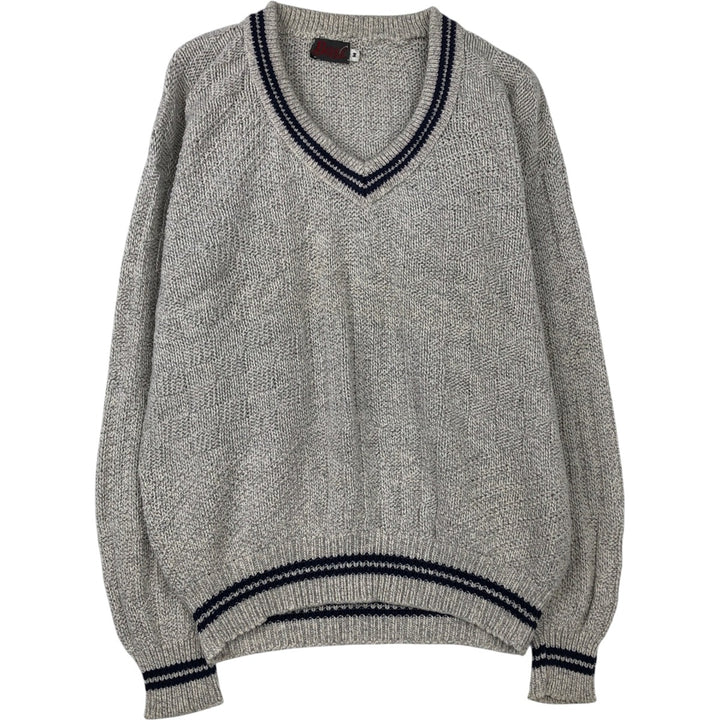 Bass striped V-neck cotton knit sweater, made in the USA, size M cotton gray type Vintage Second Hand