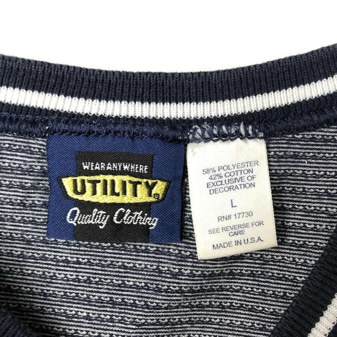 90'S UTILITY striped T-shirt, made in USA, men's size L equivalent, vintage. polyester navy blue type Vintage Second Hand