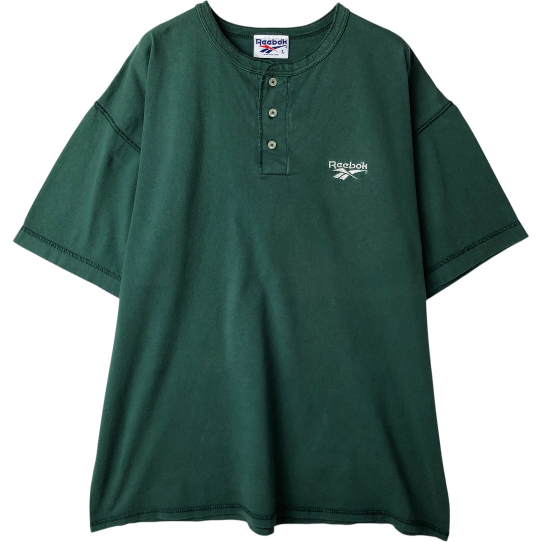 90'S Reebok Henley Logo T-Shirt, Made in USA, Men's Size L, Vintage cotton green type Vintage Second Hand