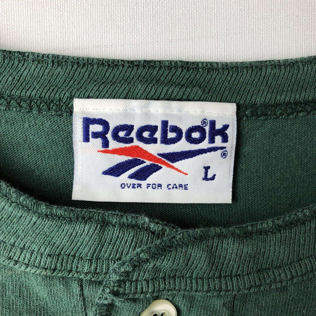 90'S Reebok Henley Logo T-Shirt, Made in USA, Men's Size L, Vintage cotton green type Vintage Second Hand