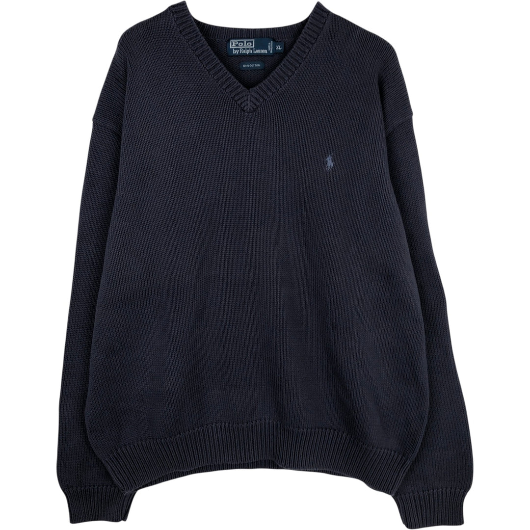 Ralph Lauren POLO by Ralph Lauren V-neck cotton knit sweater, men's XL size cotton navy blue type Vintage Second Hand