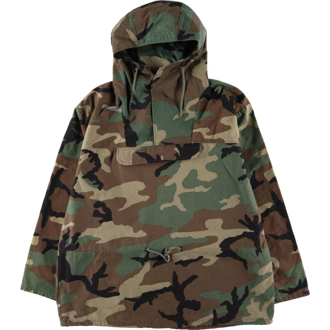 Civilian Camouflage Pattern Woodland Camo Hooded Military Jacket/Anorak Parka, Made in USA, Men's Size L polyester Khaki type Vintage Second Hand