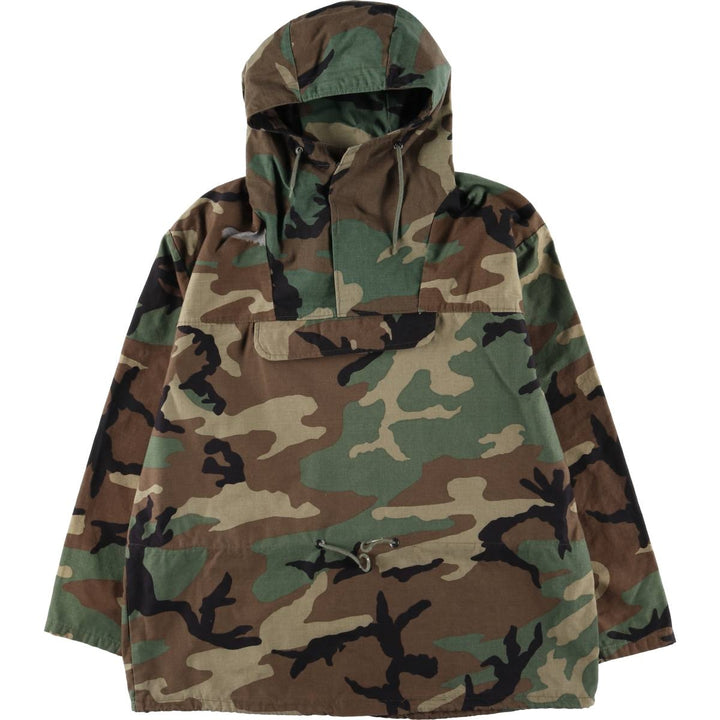 Civilian Camouflage Pattern Woodland Camo Hooded Military Jacket/Anorak Parka, Made in USA, Men's Size L polyester Khaki type Vintage Second Hand