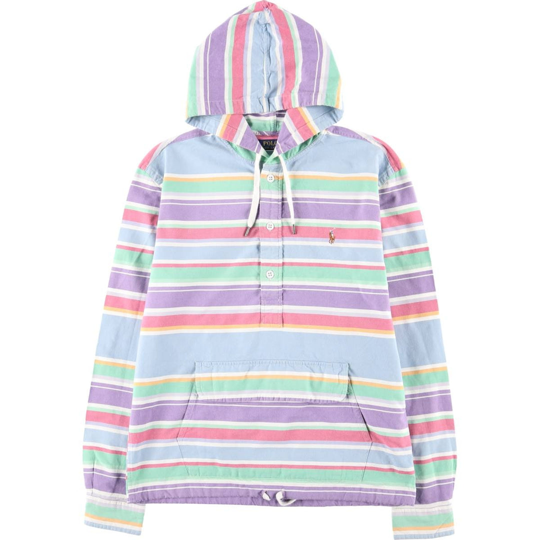 Ralph Lauren POLO RALPH LAUREN multi-border half-button cotton hoodie, men's size M cotton Blue type light blue Vintage Second Hand
