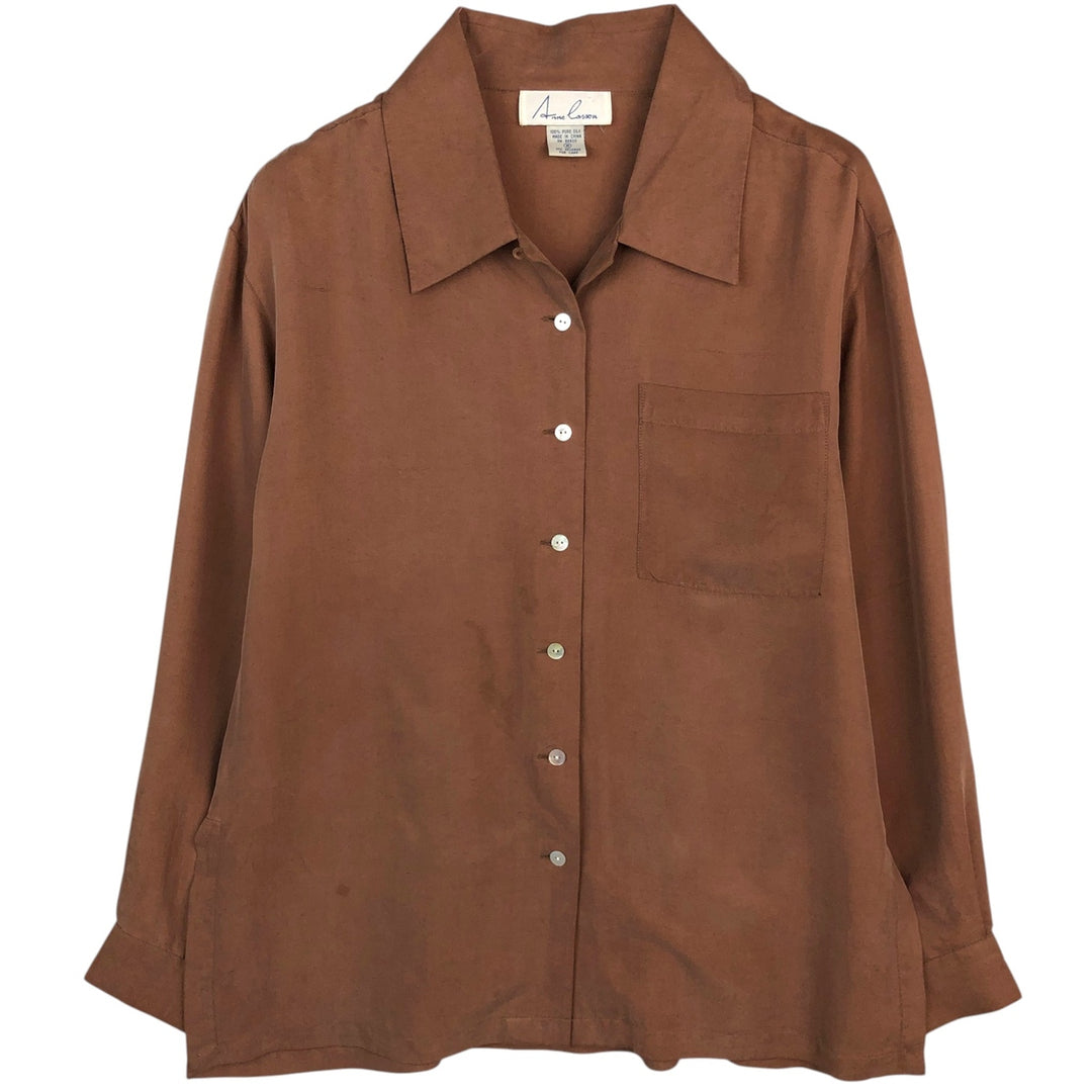 Anne Carson Long Sleeve Open Collar Silk Shirt, Boxy, Women's Size Medium, Vintage silk brown type Vintage Second Hand