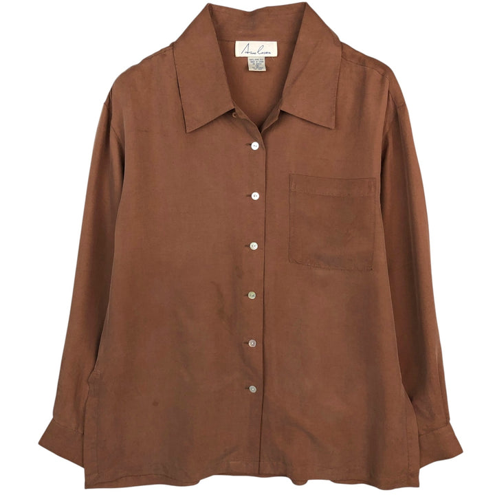 Anne Carson Long Sleeve Open Collar Silk Shirt, Boxy, Women's Size Medium, Vintage silk brown type Vintage Second Hand