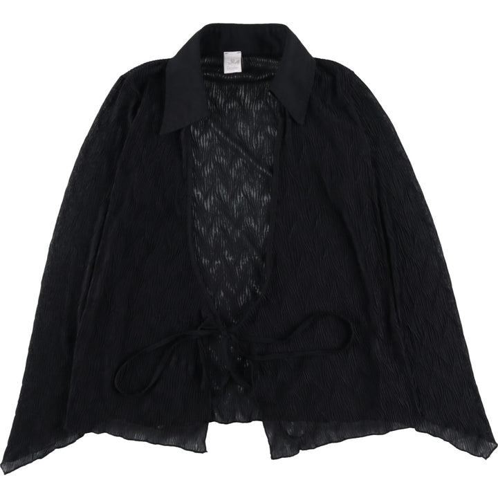 Camaieu Skipper Collar, Front Ribbon, Willow Crepe Long Sleeve See-Through Shirt, Women's Size M unclear black type Vintage Second Hand