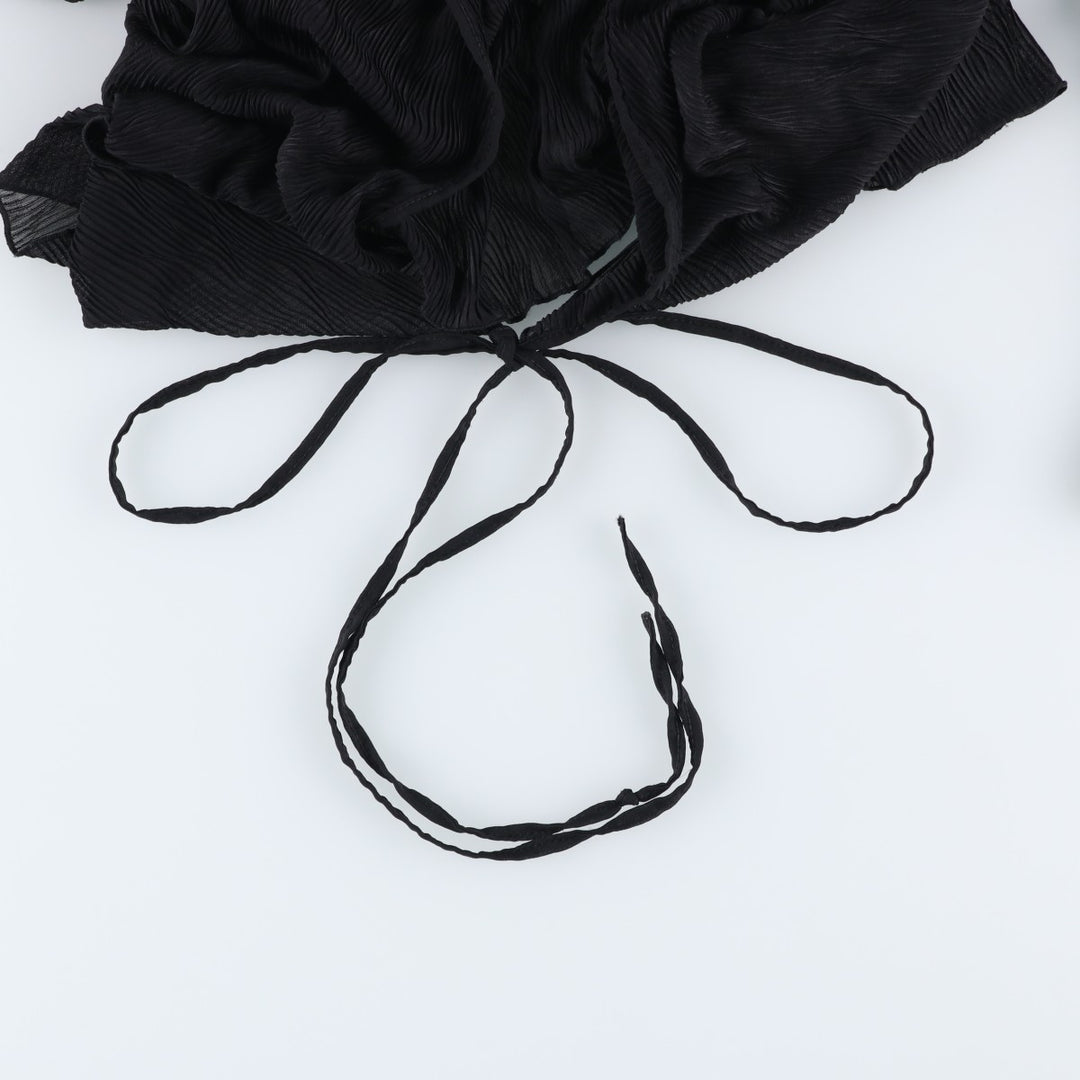 Camaieu Skipper Collar, Front Ribbon, Willow Crepe Long Sleeve See-Through Shirt, Women's Size M unclear black type Vintage Second Hand