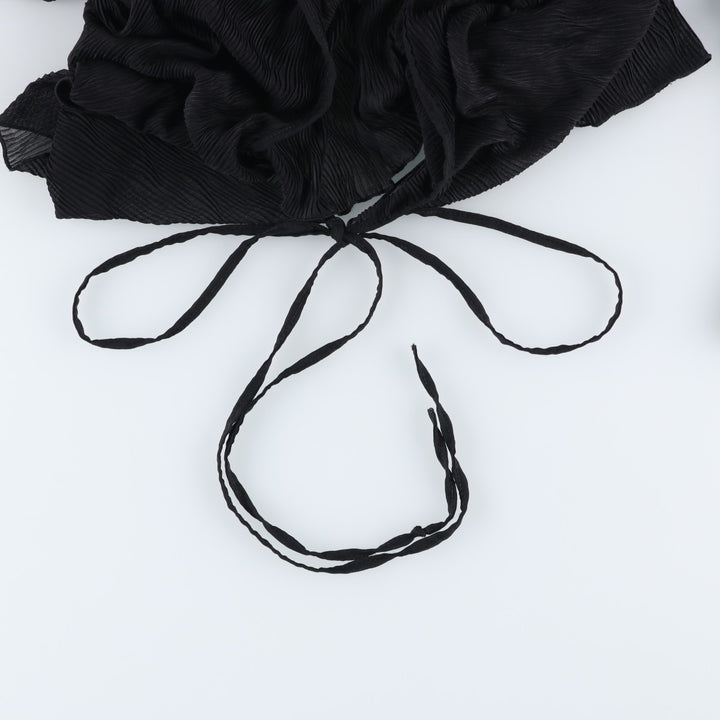 Camaieu Skipper Collar, Front Ribbon, Willow Crepe Long Sleeve See-Through Shirt, Women's Size M unclear black type Vintage Second Hand