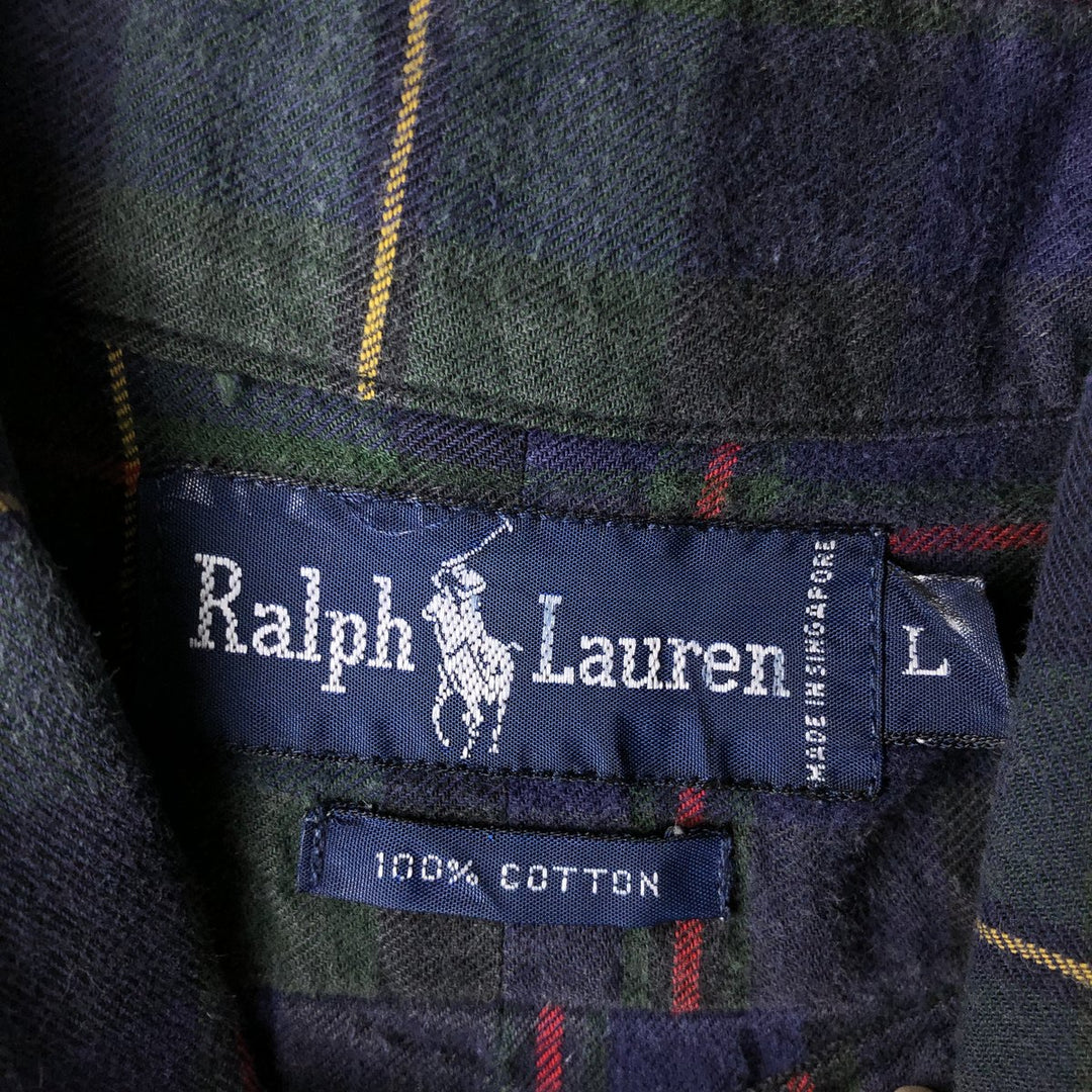 Ralph Lauren long sleeve button down check shirt, men's size L cotton navy blue type Vintage Second Hand