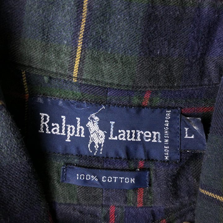 Ralph Lauren long sleeve button down check shirt, men's size L cotton navy blue type Vintage Second Hand