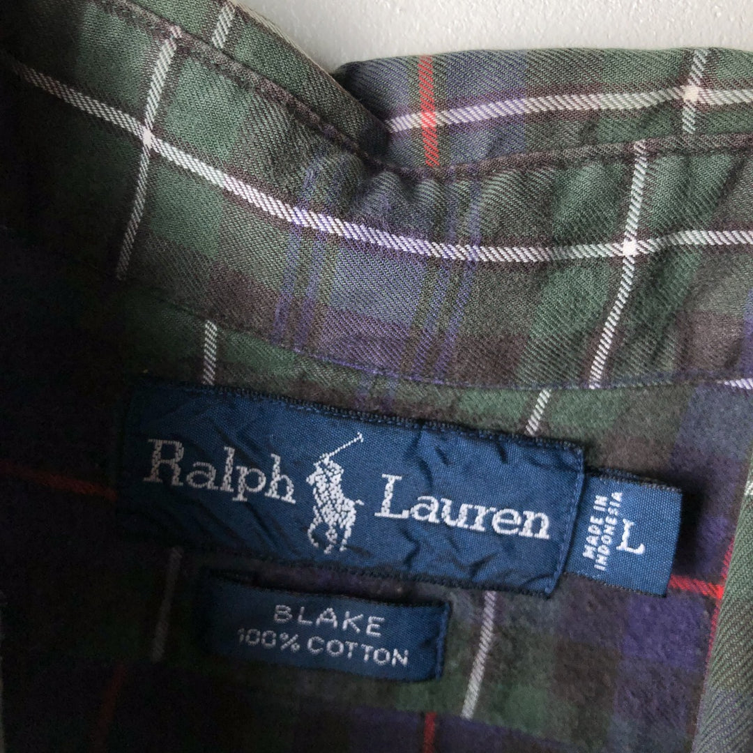 Ralph Lauren BLAKE long sleeve button down check shirt, men's size L cotton navy blue type Vintage Second Hand