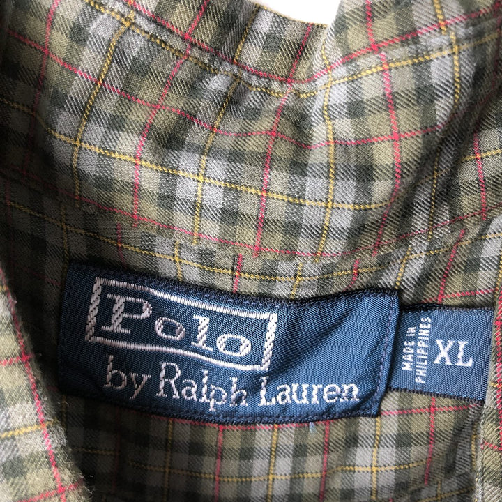 Ralph Lauren POLO by Ralph Lauren long sleeve cotton check shirt, men's XL size cotton Khaki type sage green Vintage Second Hand