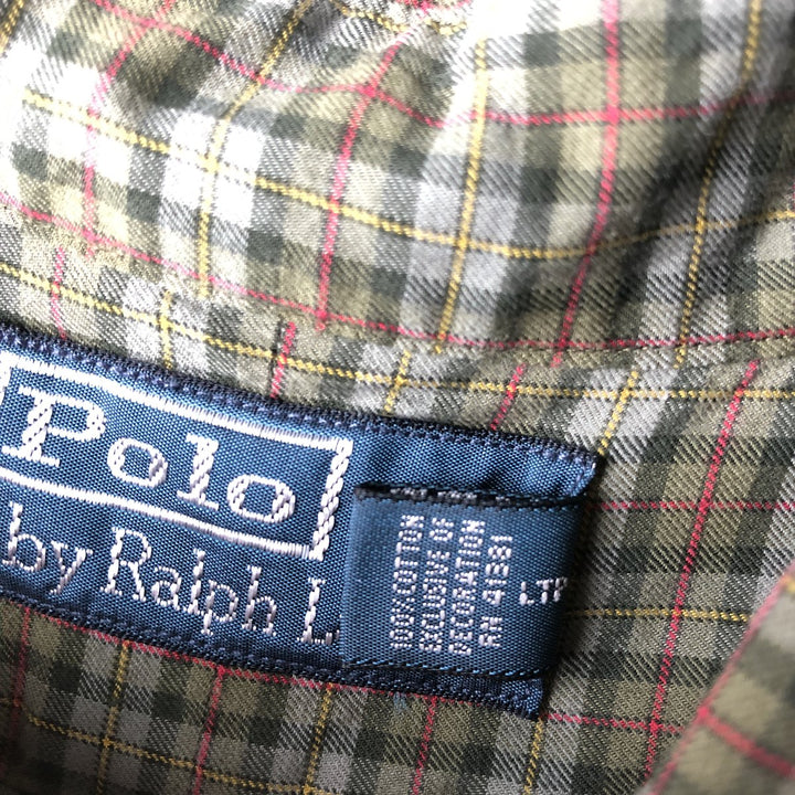 Ralph Lauren POLO by Ralph Lauren long sleeve cotton check shirt, men's XL size cotton Khaki type sage green Vintage Second Hand