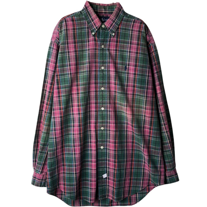 Ralph Lauren Seersucker Long Sleeve Button-Down Check Shirt, Men's Size Medium cotton Red type red-purple Vintage Second Hand