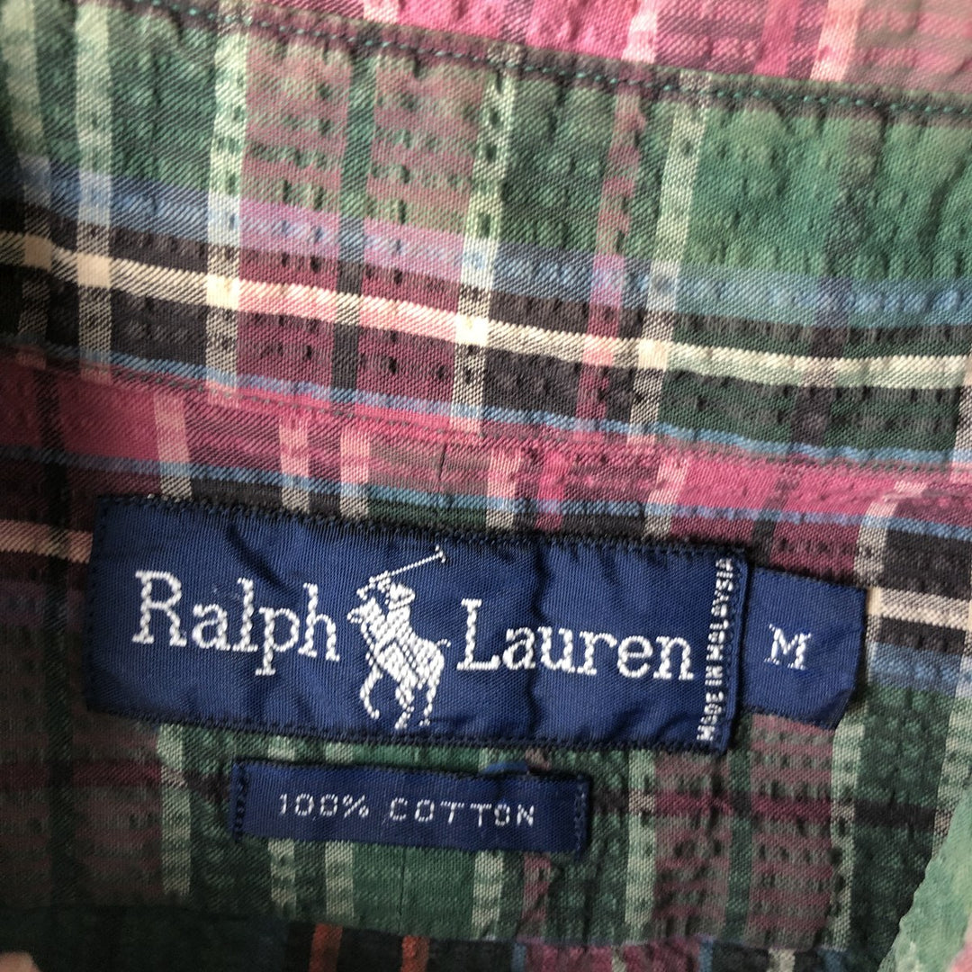 Ralph Lauren Seersucker Long Sleeve Button-Down Check Shirt, Men's Size Medium cotton Red type red-purple Vintage Second Hand